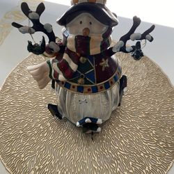 Large Metal Art Christmas Snowmen TeaLight Candle Holder Glitter Handpainted VG