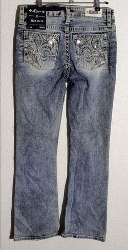 Miss Me Fleur De Lis Embroidered Embellishment Medium Wash Bootcut Jeans sz 30/31
