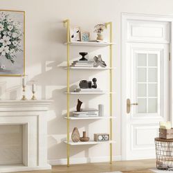 Industrial 5 Tier Ladder Shelf, Open Space Book Shelf Wall Mount Bookshelf with Metal Frame Sturdy Bookcase for Living Room (White, 5 Tier)