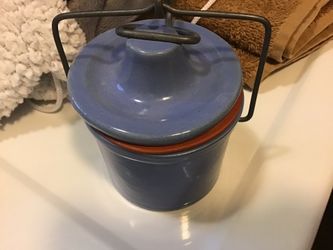 Antique Blue Crock With Lid And Wire Fastener Small