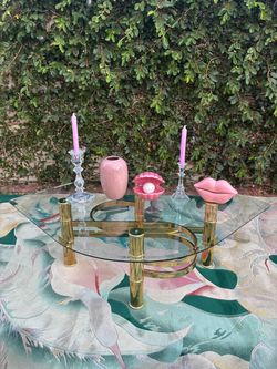 80s Vintage Postmodern Brass Coffee Table with Leaf Shaped Glass