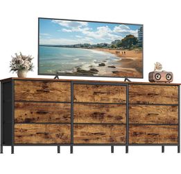 Dresser with 9 Fabric Drawers, TV Stand for TVs Up to 70 Inches Wide Dresser, Chest of Drawers for Bedroom and Living Room, Rustic Brown and Ink Black