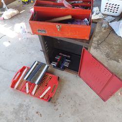 Workshop Tool Locker With Tool Bix And Various Tools. As Well As Wood Drill Bits