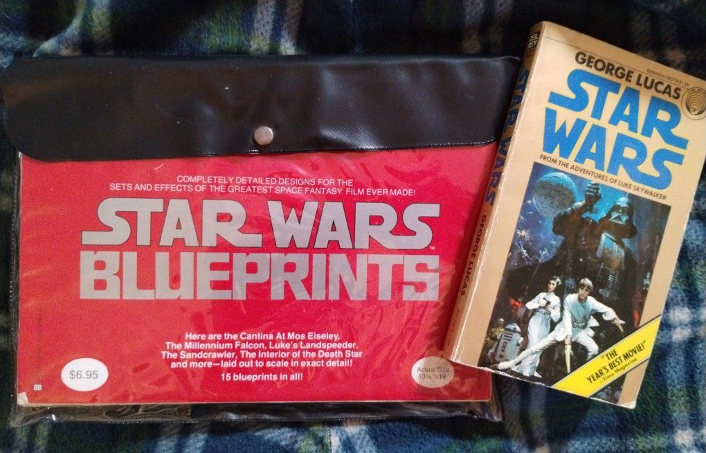 Vintage 1977 Star Wars blueprints and paperback book, George Lucas