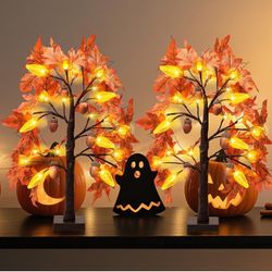 Fall Maple Leaf Table Lighted Tree - Thanksgiving Decorations 2 Pack