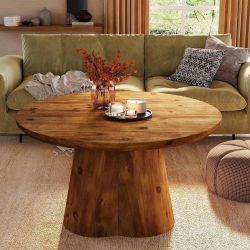 31.5-Inch Farmhouse Round Center Table With Sturdy Base, Solid Wood Round Coffee Table, Brown