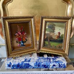 Vintage 6 1/2” H x 5 1/4” W Oil on Board Original Art in Gold Rope Border and Beaded Wood Frames - Pair (Made In Italy)