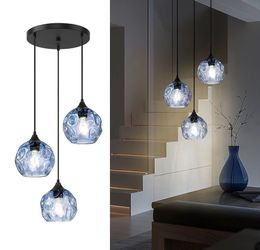 EMLIVIAR 3-Light Globe Hanging Lights, Foyer Chandeliers with Hammered Glass Shade, Cluster Hanging Lights in Blue Finish, DYE287G1-3 BK