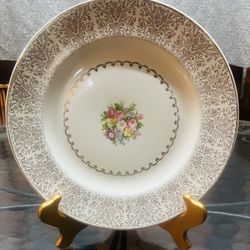 Mid-Century Homer Laughlin Gold Lace Dinner Charger Plate Floral 22kt Gold 10”