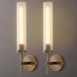 Brass Hardwired Frosted Glass Bathroom Wall Sconces 2 Pack, Modern 20'' Indoor Knurled Wall Sconce
