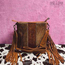 Hair-On Cowhide, Tooled And Fringe CC Crossbody Bag