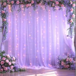 10ft X 10ft Lavender Tulle Photo Backdrop Curtain With Lights String For Parties Wedding Bridal Shower Sheer Lavender Curtain Backdrop For Birthday Ba