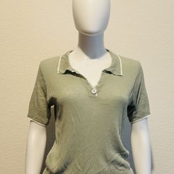 Women's YELLOW Green Collared Button-Up Short Sleeve Knit Polo Top