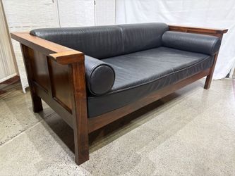 Mission Arts & Crafts-Style Wood and Black Leather Settle Sofa