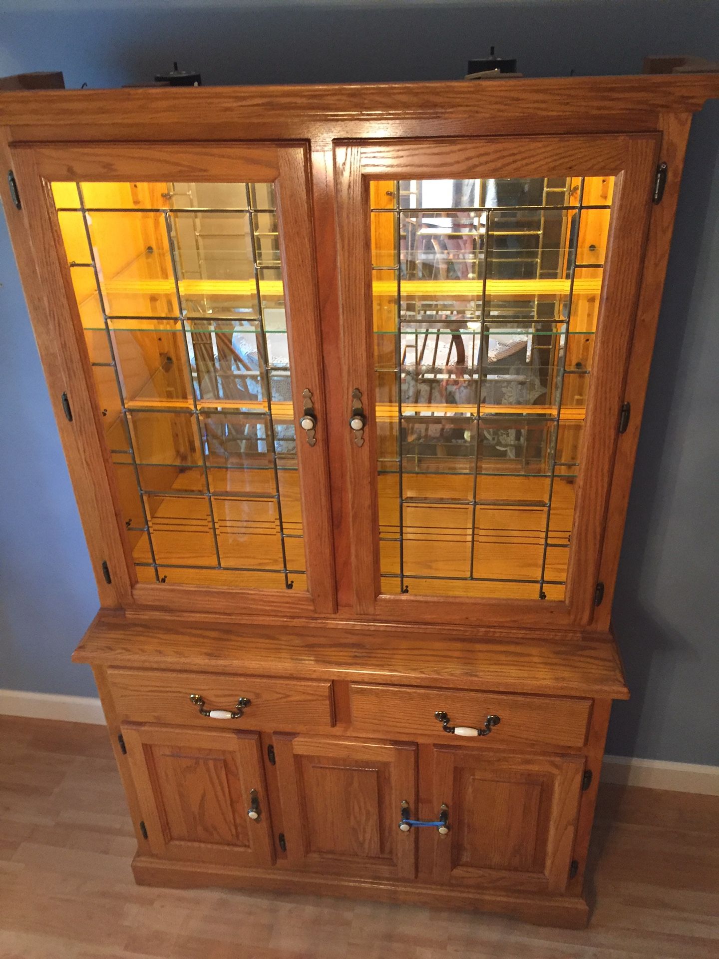 Two piece china hutch with beveled glass doors