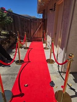 Red Carpet - Hollywood - 50x3ft -- 16 Gold Stanchion posts with Red Velvet ropes.