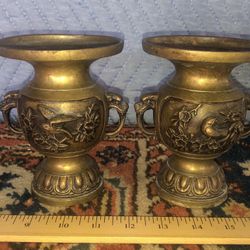Pair Of Japanese Antique Bronze Shakuda Vases Bird Motif