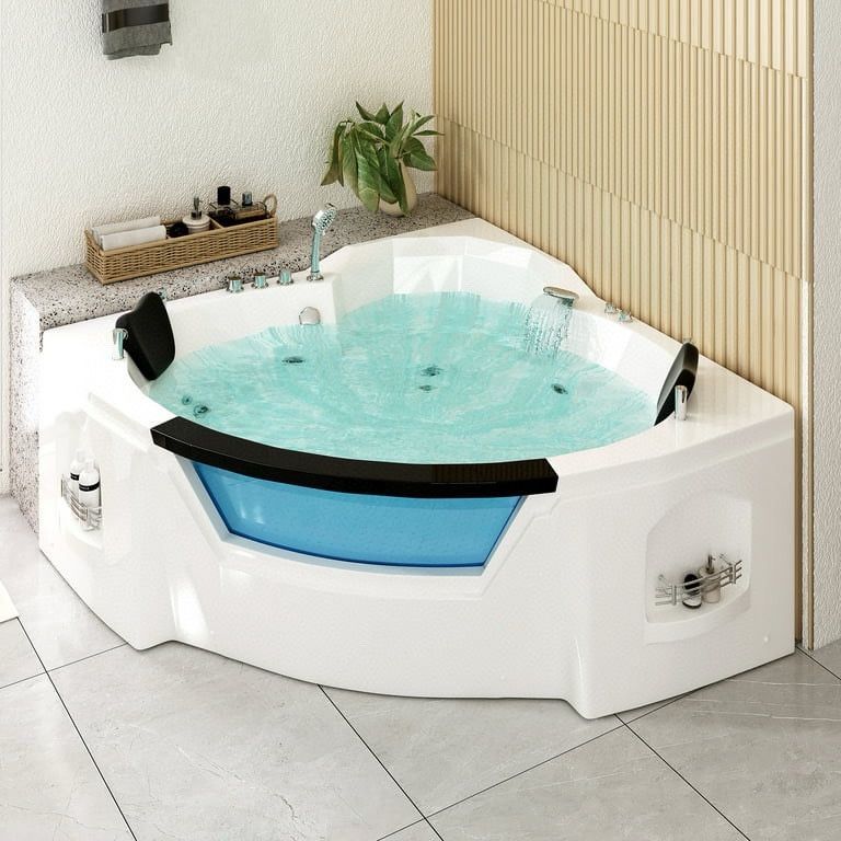 Freestanding Whirlpool Bathtub,Spacious Triangle Shaped Back to Wall Tub,Therapy Massage Soaking Tub with Double Pillows