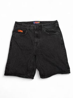 Y2K EMPYRE Faded Black Baggy Denim Jorts Graffiti Spray Can Embroidered *DeadStock*  - Tagged Size 34