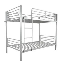 Metal Bunk Bed Twin Over Twin Heavy Duty Bed Frame with Safety Guard Rails & Flat Ladder, Gray