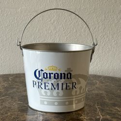 Corona Premier Metal/Tin Beer Ice Bucket Pail with Bottle Opener & Handle - 7.5” Tall