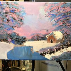 Painting of cabin on the creek
