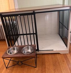 XL Dog Kennel Furniture Crate & Feeder table with bowls