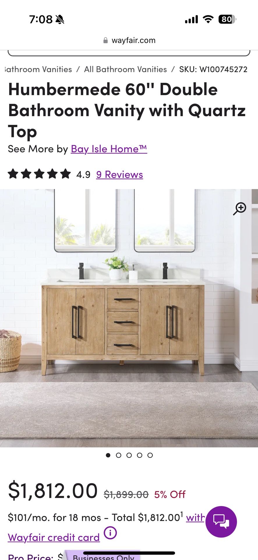 Humbermede 60" Double Bathroom Vanity with Quartz Тор