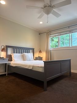Queen Size Gray Wood Bed Frame + 2 Nightstands + Mattress – Full Set