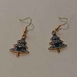 Gold Plated Green & Red Ornaments Christmas Tree Earrings 
