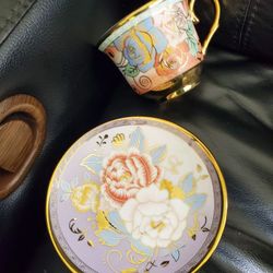 Lavendar Flowers Gold Leaf Cup Saucer Tea Set  Used For Display Only