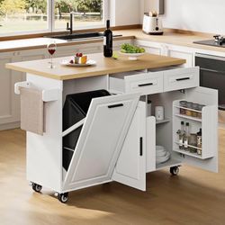 Modern Kitchen Island Cart with Storage, Power Outlet, Drop Leaf, Trash Cabinet,Black