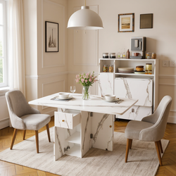 Agus Folding Dining Table with Wall-Mounted Sideboard and Storage, White Marble