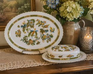 Sango Jade Garden 8004 Japan Covered Butter Dish & 15” Serving Platter
