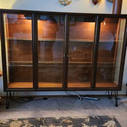 Large 72" Mid-Century Modern Lighted Display Cabinet - Custom Hairpin Console