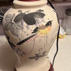 Vtg Japanese Hand Painted Garden Scene Of Flowers And Birds Mounted On Brown Wooden Base 