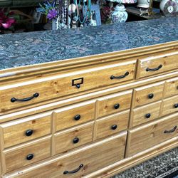 Large pine light wood rustic green cottagecore wallpaper top dresser 6 drawer lowboy