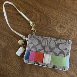 Coach Legacy Signature Pattern Multicolor Canvas White Trim Leather Zip Wristlet