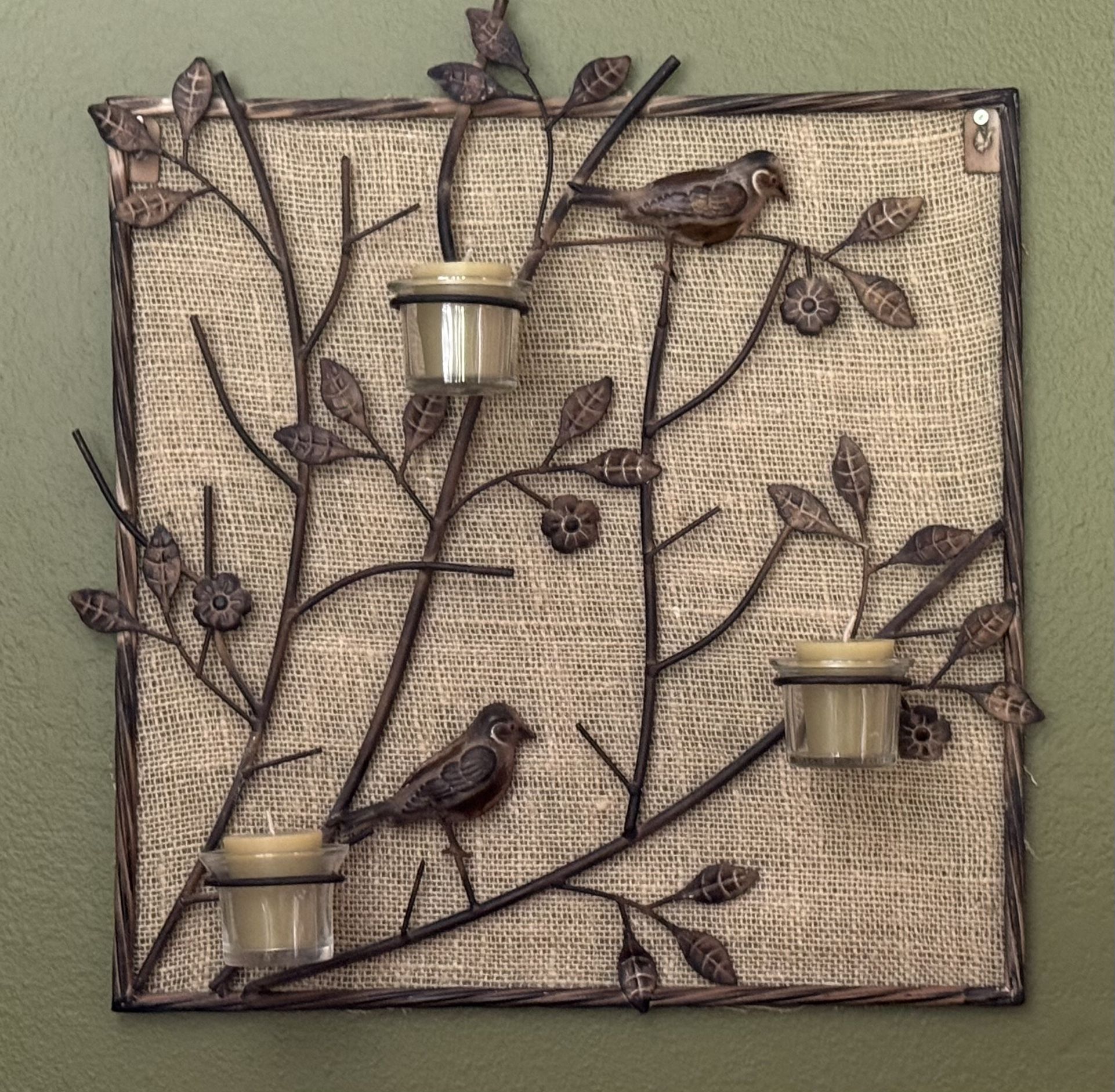 Bronze Metal Bird And Candle Holder Picture (16” Square)