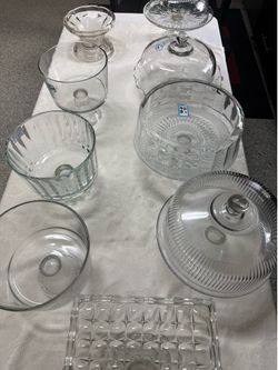 Available Table full Vintage Cake Pie Stands on Pedestals w detailed Domes & Parfait Bowls, Exc great for events & gifts!