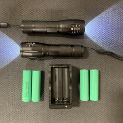 2 T6 LED Tactical Handheld Flashlight, 4 Samsung 18650 25R Rechargeable Batteries, 2 Single Charger