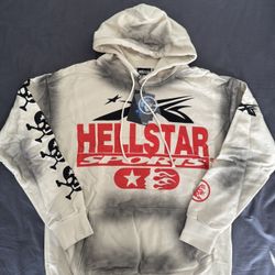 Brand New Hellstar Sports Washed White/Grey Hoodie Red Logo Skull Bone Sleeve Graphics 