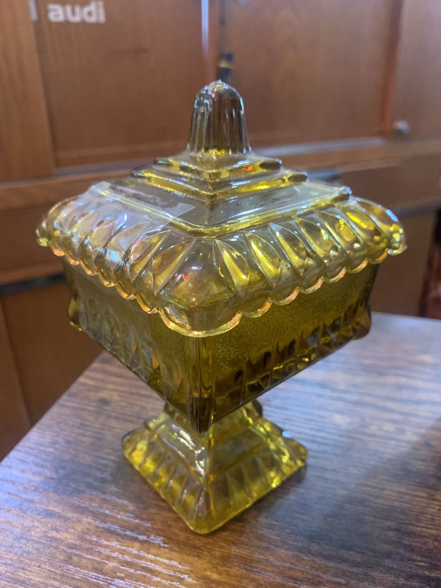 5x7 amber mid century modern candy dish. 25.00.  Johanna at Antiques and More. Located at 316b Main Street Buda. Antiques vintage retro furniture coll