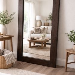 Oversized Solid Wood Floor Mirror – Rustic Modern, Handcrafted Dark Wood Frame