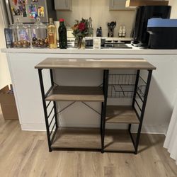 Kitchen Bakers Rack with Wire Basket, Coffee Bar Table Station Microwave Oven Stand Kitchen Utility