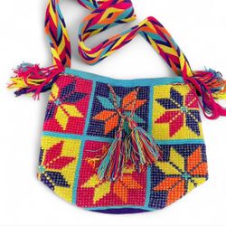 Wayuu Colombian Colorful handmade crossbody bag with crystals application  For Women