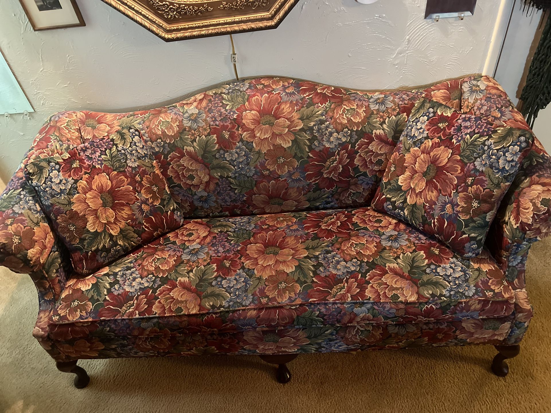 Beautifule Manor by Pennsylvania House Burgundy Floral Vintage Chippendale Style Six Leg Sofa