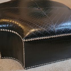 Honquest Huge Black Leather Crocodile Print Ottoman Pewter Studs