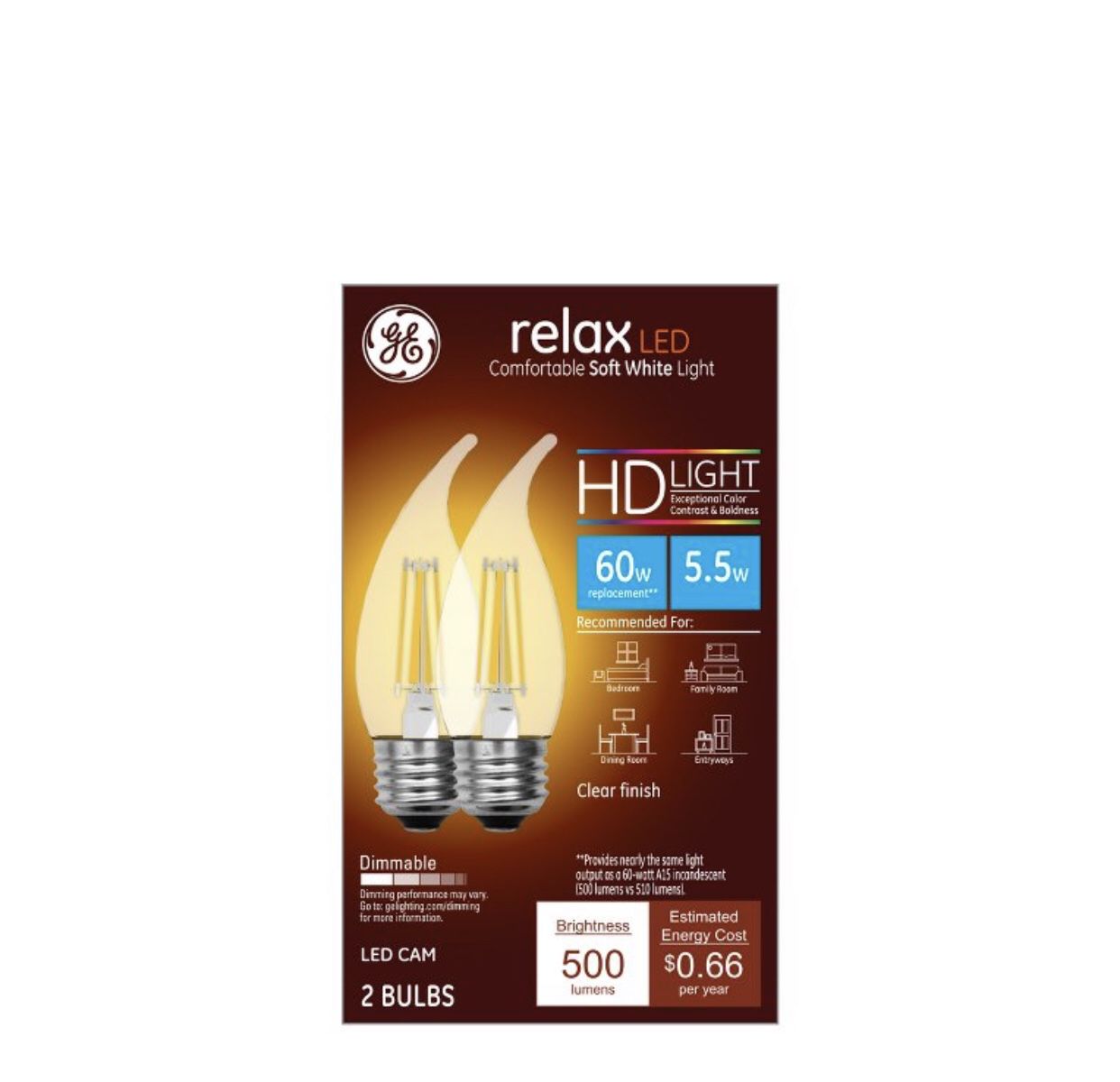 Gerenal Electric 2pk 60W Ca Relax LED Light Bulb SW Deco Cam Clear