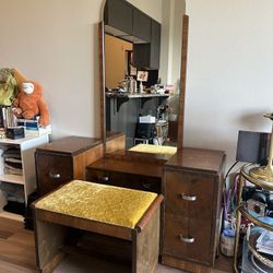 Vintage Wood Vanity with mirror and bench